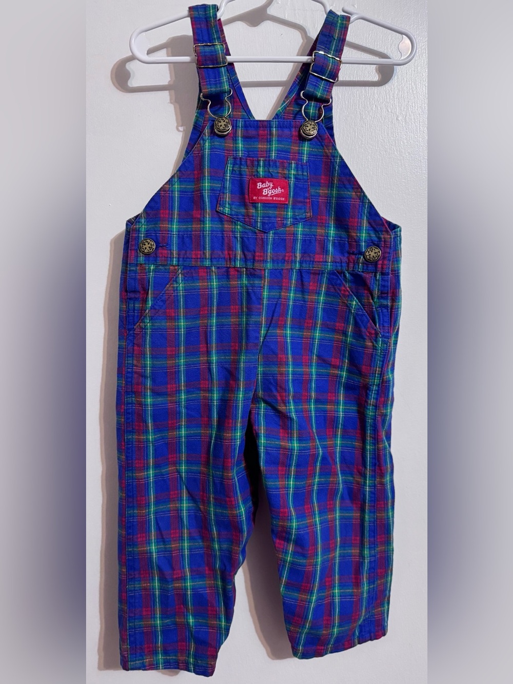 Vintage Oshkosh Blue primary Plaid Kids Overalls 24 months